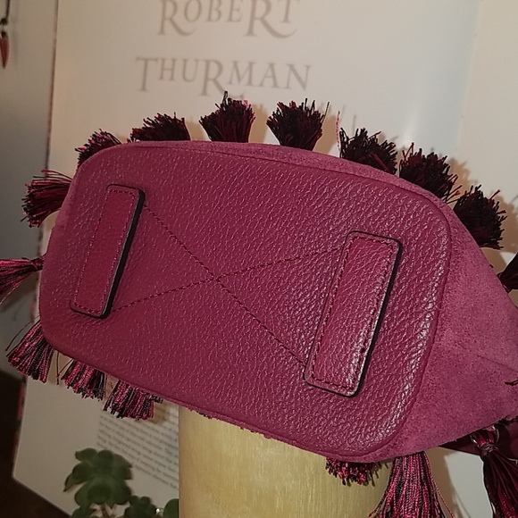 MILLY BURGUNDY TASSEL FRINGE MINI SUEDE BUCKET BAG - Picture 4 of 8